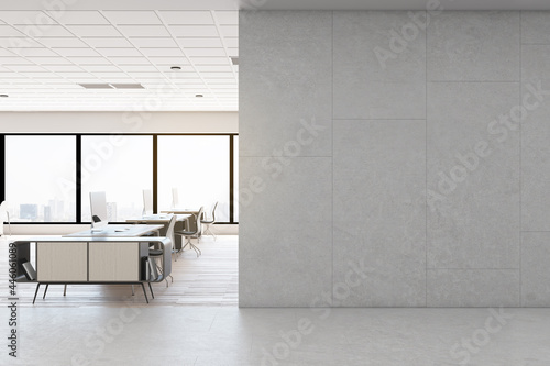 Contemporary concrete coworking office interior with daylight  empty mockup place on wall  furniture and equipment. Mock up  3D Rendering.