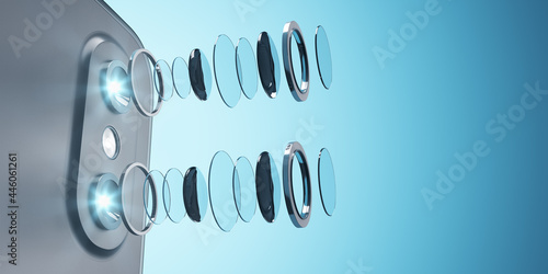 Canvas Print Decomposed smartphone camera lens on blue background with mock up place for your advertisement