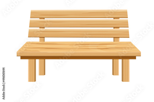 Wooden park bench, garden furniture in cartoon style isolated on white background. Wood street seat, outdoor decoration.
