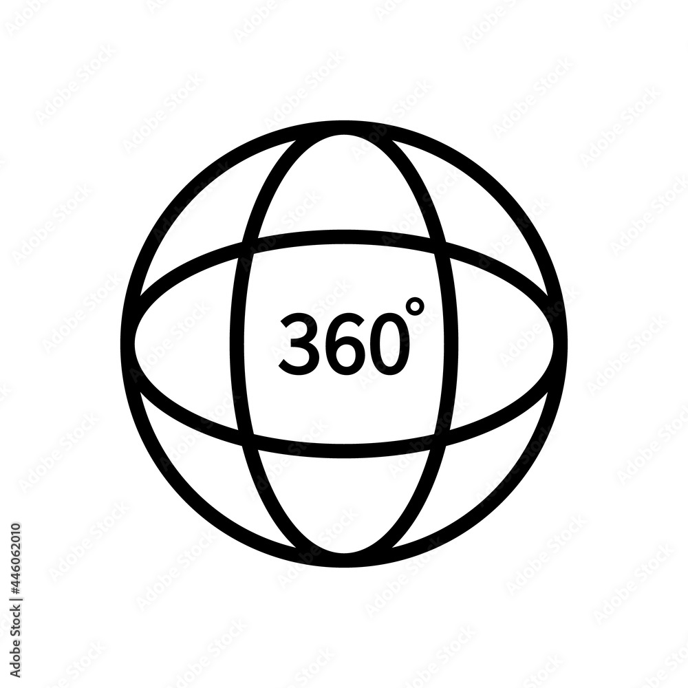 360 degree view. Logo of tour, globe and vision. Line icon for video, panorama of camera and full rotate. Round symbol of degrees coverage of camera. Geometric sign for 3d pictogram. Vector 360 degree view. Logo of tour, globe and vision. Line icon for video, panorama of camera and full rotate. Round symbol of degrees coverage of camera. Geometric sign for 3d pictogram. Vector