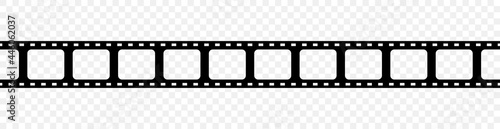 Film strip. Reel of tape for movie, photo and camera. Filmstrip with frame for cinema and video. Old negative 35mm strip of photography. Icon of retro celluloid. Logo of media, tv, studio. Vector