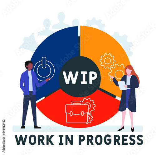 Flat design with people. WIP - Work In Progress acronym. business concept background. Vector illustration for website banner, marketing materials, business presentation, online advertising
