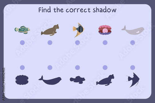Matching children educational game with sea animals - mandarin fish, sea elephant, scalar, shall with pearl, beluga. Find the correct shadow. Vector illustration.