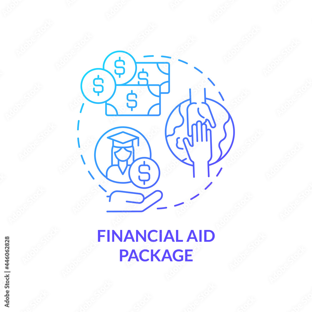 Financial aid package concept icon. Internship programs financing abstract idea thin line illustration. Providing talented students financial resources. Vector isolated outline color drawing Financial aid package concept icon. Internship programs financing abstract idea thin line illustration. Providing talented students financial resources. Vector isolated outline color drawing