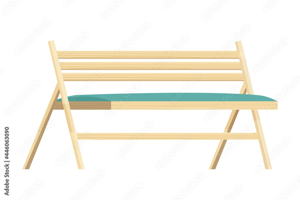 Wooden comfortable bench, garden furniture in cartoon style isolated on white background. Wood cafe seat, outdoor decoration.