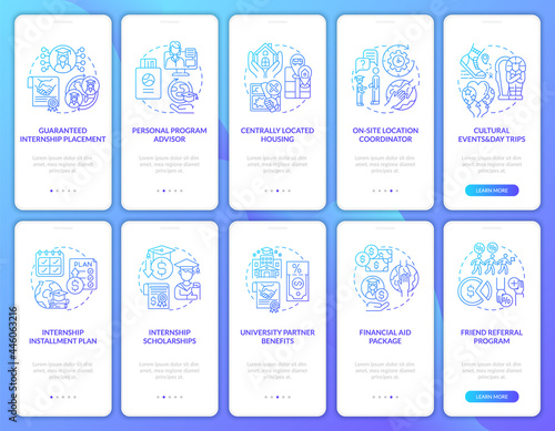 Traineeship programs onboarding mobile app page screens set. Personal coordinator walkthrough 5 steps graphic instructions with concepts. UI, UX, GUI vector template with linear color illustrations