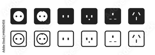 Power socket icon set. Country type electric socket illustration. Simple charge symbol in vector flat