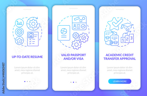 Internship overseas conditions onboarding mobile app page screen. Up-to-date CV walkthrough 3 steps graphic instructions with concepts. UI, UX, GUI vector template with linear color illustrations