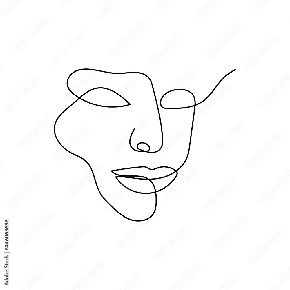 Facial features continuous line drawing. One line art of female silhouette, womans strength, abstraction. Facial features continuous line drawing. One line art of female silhouette, womans strength, abstraction.