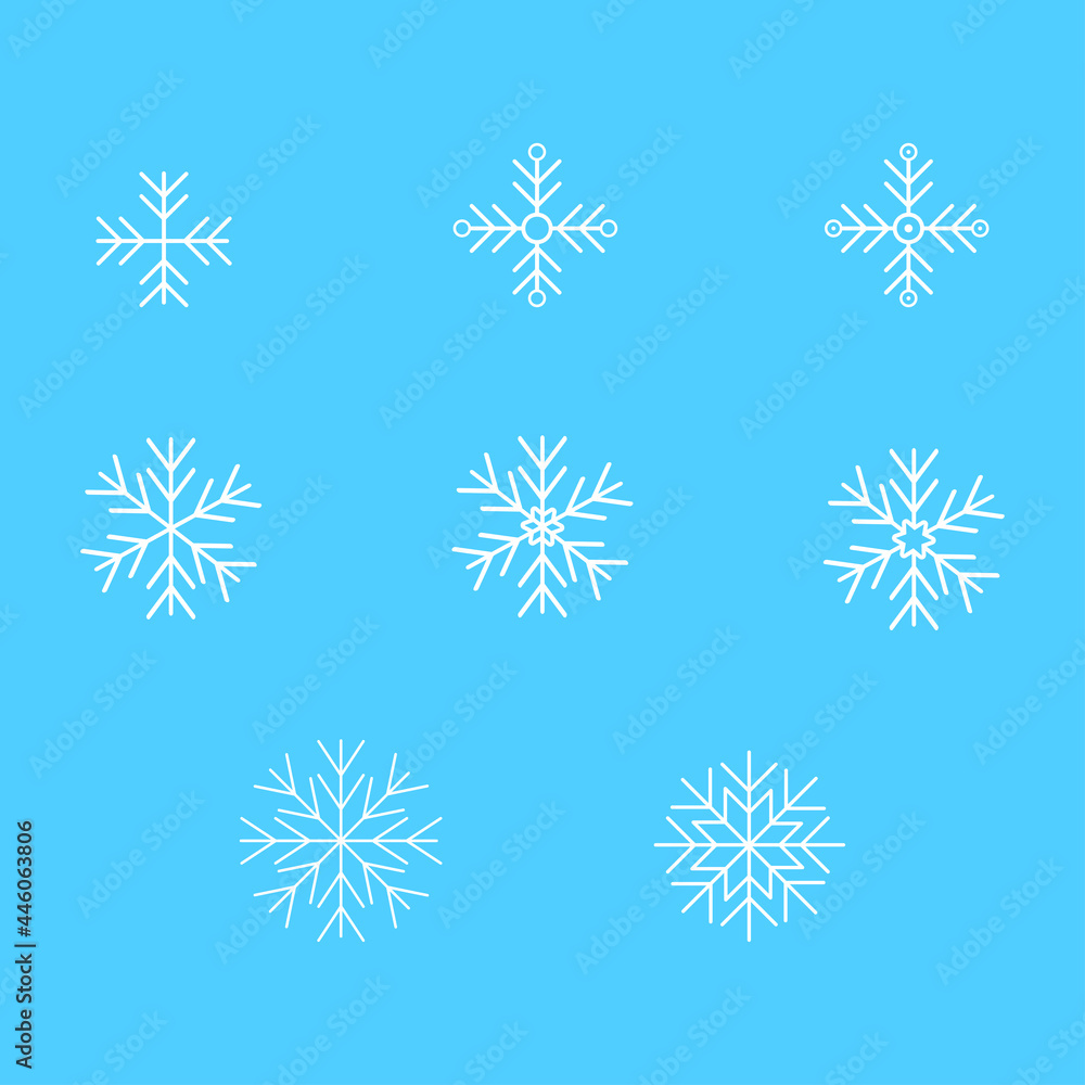 Set of white snowflakes icons on a blue background. Snowflake icons. Snowflake vector icon