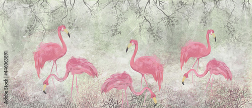 Fototapeta delikatne namalowane flamingi między roślinami