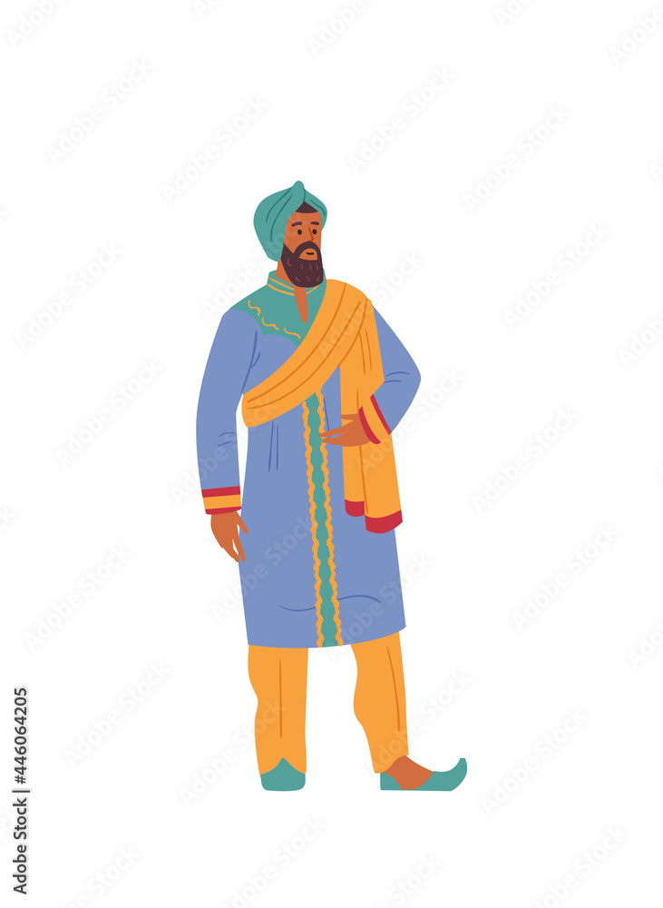 Indian Man In Traditional Outfit Standing. Asian Male Character Vector Illustration. Isolated On White. Indian Man In Traditional Outfit Standing. Asian Male Character Vector Illustration. Isolated On White.