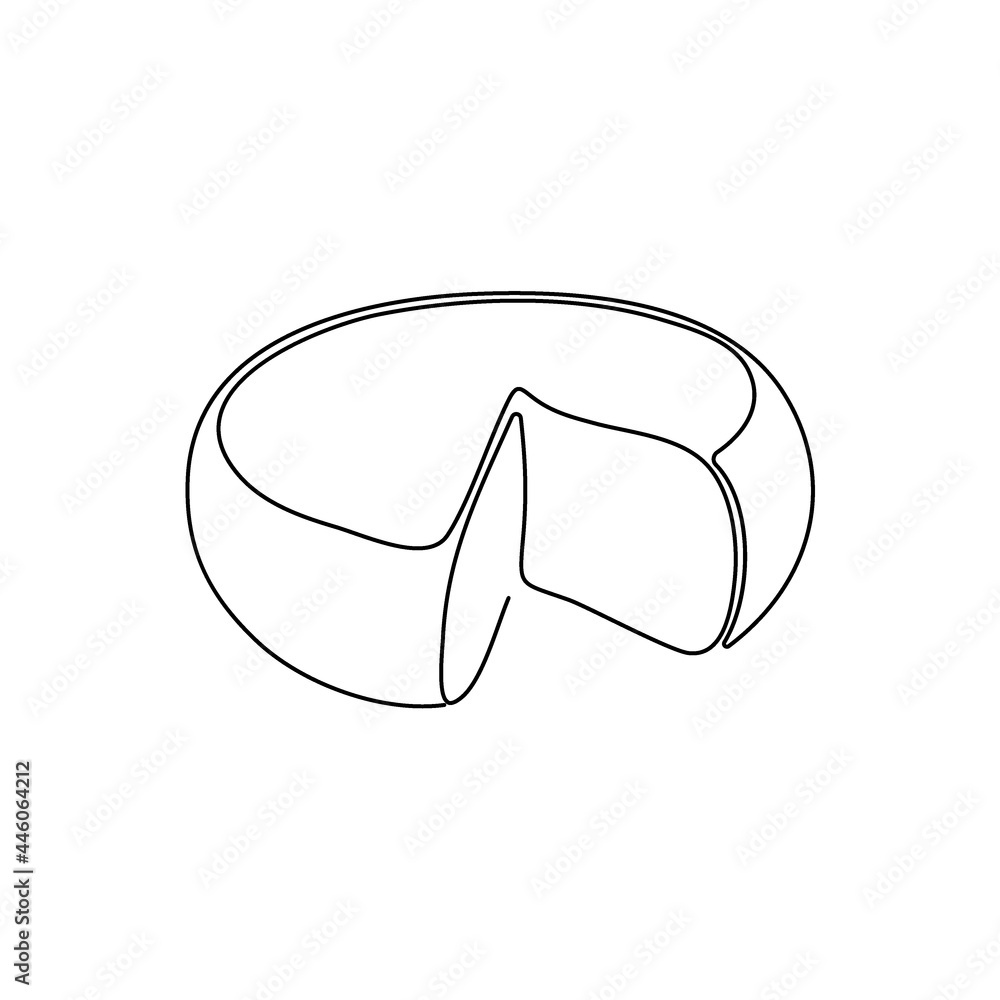 Swiss hard cheese head continuous line drawing. One line art of dairy produce, milk products