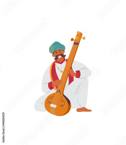 Indian Man In Turban Playing Traditional String Musical Instrument Tampura. Vector Illustration. Isolated On White.