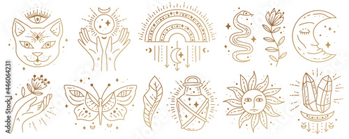 Set of magic boho symbols. Collection of gypsy sacred elements and sign in modern boho style. Golden minimal line art.