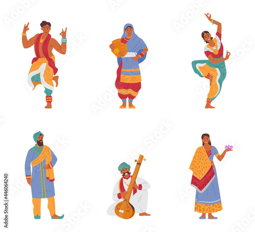 Vector Set Of Indian Characters Men And Women In Traditional Outfits. Isolated On White.