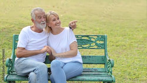 elderly caucasian couple in white shirt and blue jean sitting and pointing something while embracing in park during summer time on wedding anniversary day © feeling lucky