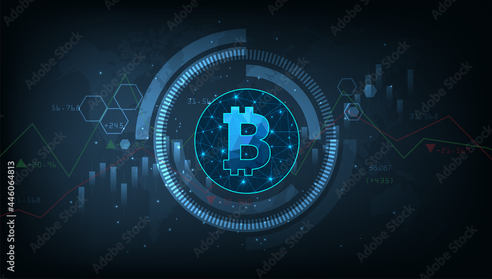 Financial growth and Investing concept.Modern digital money sign illustration. Cryptocurrency trading. bitcoin trading market data chart. Bitcoin  Logo and defocused chart background. 