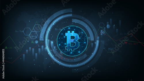 Financial growth and Investing concept.Modern digital money sign illustration. Cryptocurrency trading. bitcoin trading market data chart. Bitcoin  Logo and defocused chart background. 