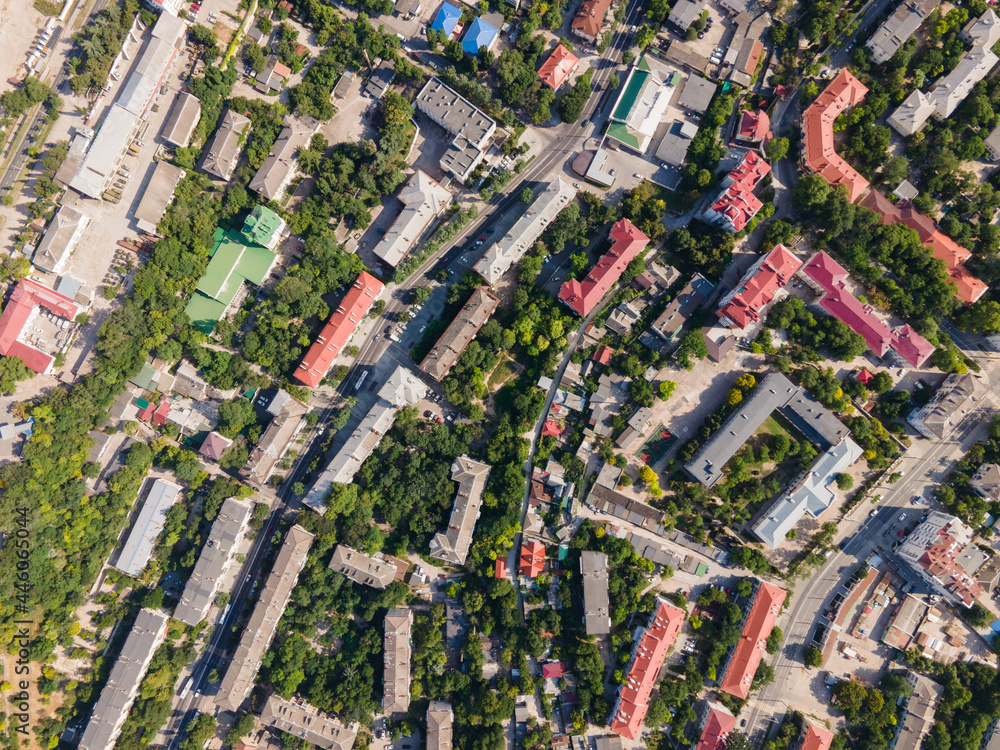 bird's-eye view of the streets of the seaside town.