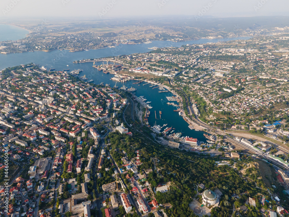 Panorama of the evening city. Bird's eye view of the bay. city ​​port on the Black Sea.