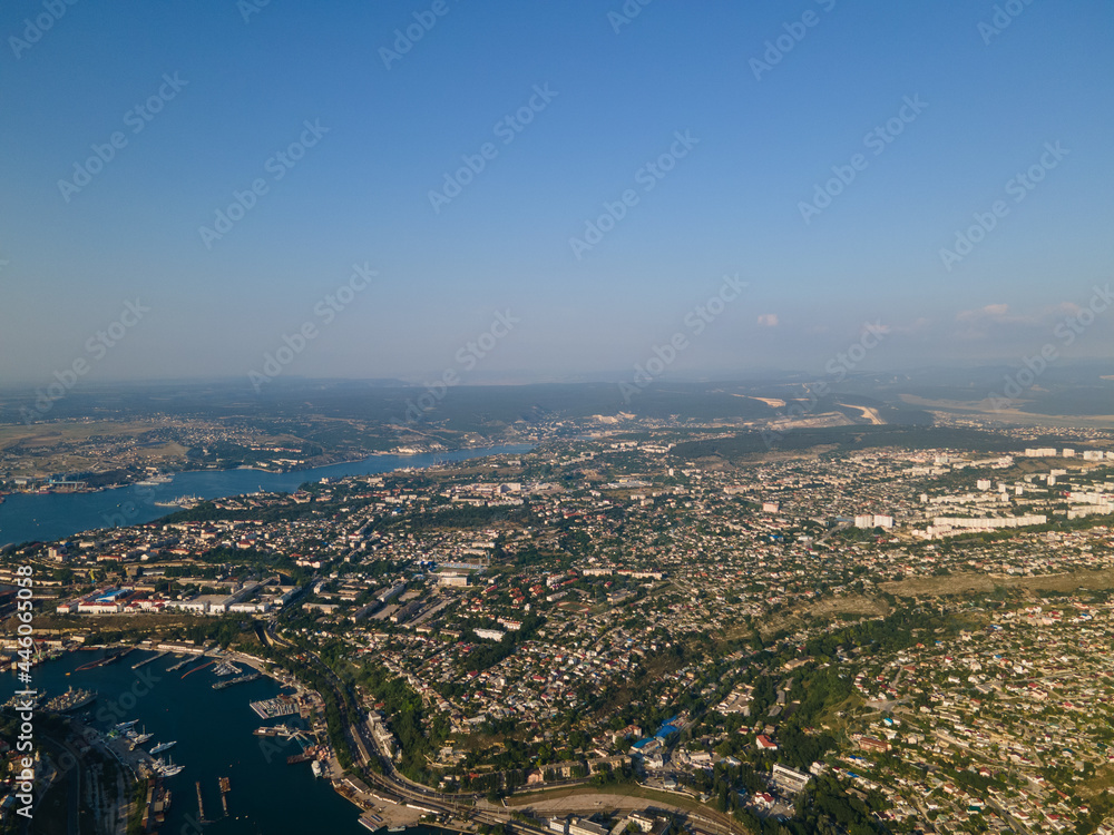 Panorama of the evening city. Bird's eye view of the bay. city ​​port on the Black Sea.
