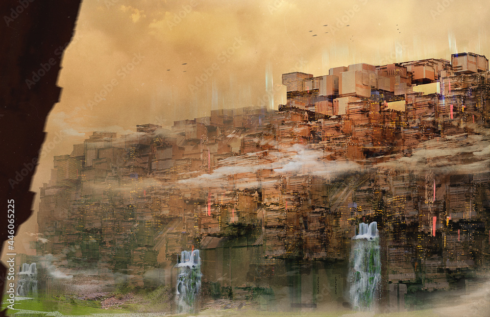 Massive sci-fi city built into a wall with waterfalls coming out of a massive fortress - fantasy 3d illustration