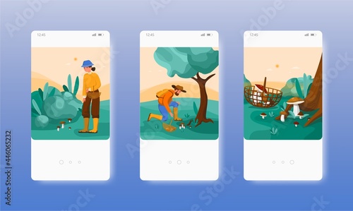 People picking mushrooms in forest. Mobile app screens, vector website banner template. UI, web site design.