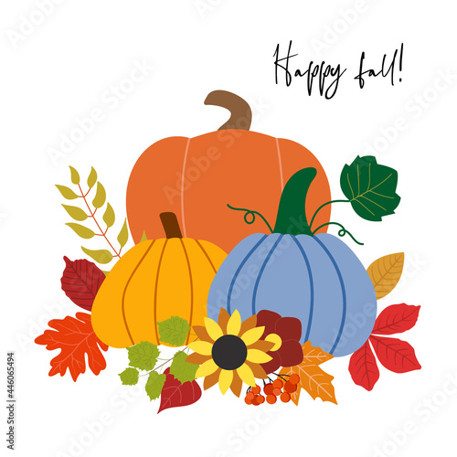 Fall vector pumpkin arrangement with three pumpkins and autumn flowers, foliage, isolated on white background. Holiday card, invitation template. Floral bouquet and pumpkin illustration.