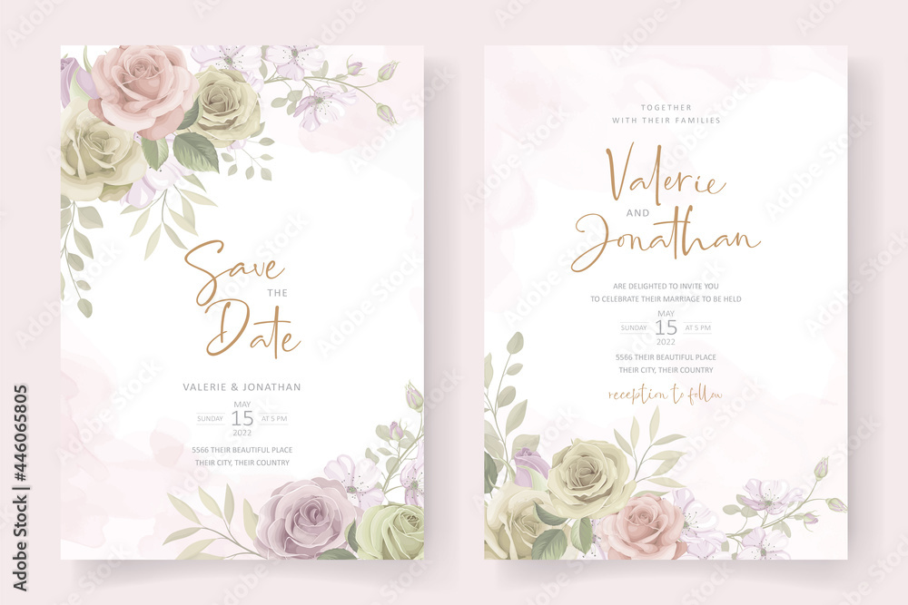 Beautiful soft floral and leaves wedding invitation card design