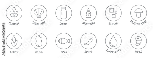 Allergen line icon big set. Organic and natural food labels. Nut, corn, milk, mustard, lactose fish, mollusk free. Allergy warning ingredients. Vector illustration