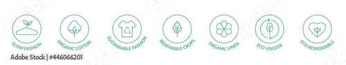 Sustainable clothes line icon set. Slow fashion logo. Eco viscose product label. Organic cotton, natural dyes, renewable crop badge. Conscious development. Fair trade. Vector illustration