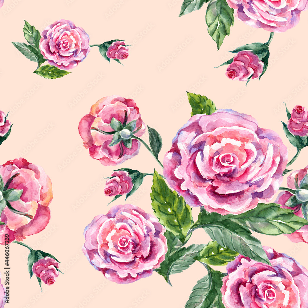 Watercolor seamless pattern with roses on pink background.
