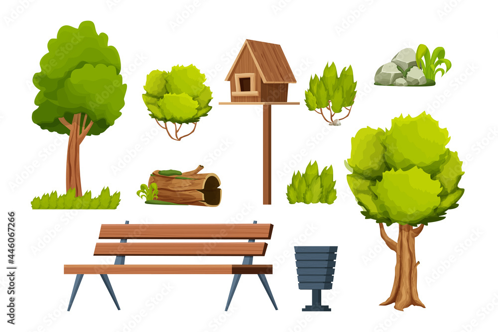 Park set of elements, wooden bench, trees, bush, stone with moss, old log,  birdhouse, bin in cartoon style isolated on white background. Stock Vector  | Adobe Stock