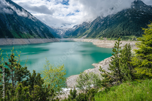 Schlegeis Stausee lake view from mountain hiking path trail. Zillertal  Austria  Europe