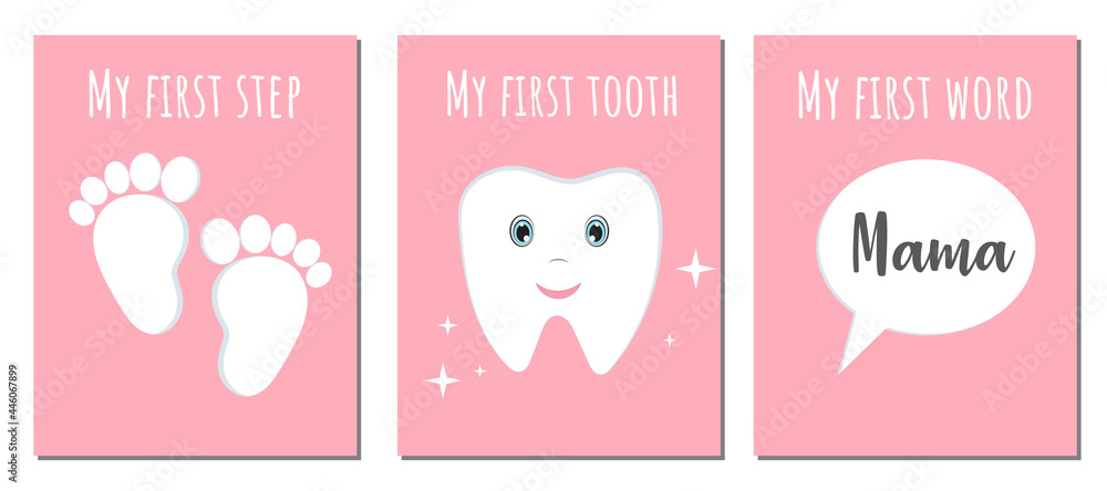 Collection, set of cards or posters about baby first with quotes First word, first step, first tooth. For baby albums, greeting card, baby shower gift. Cards for girl.