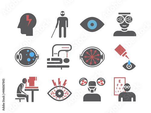 Glaucoma. Symptoms, Treatment. Icons set. Vector signs for web graphics.
