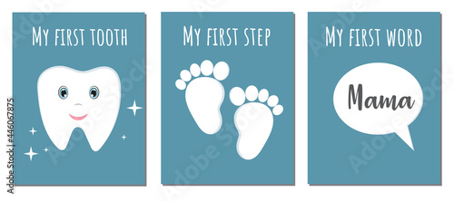 Collection, set of cards or posters about baby first with quotes First word, first step, first tooth. For baby albums, greeting card, baby shower gift. Cards for little boy.