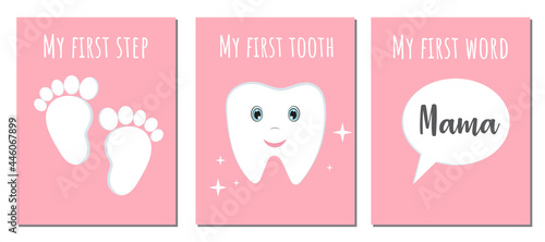 Tableau sur toile Collection, set of cards or posters about baby first with quotes First word, first step, first tooth