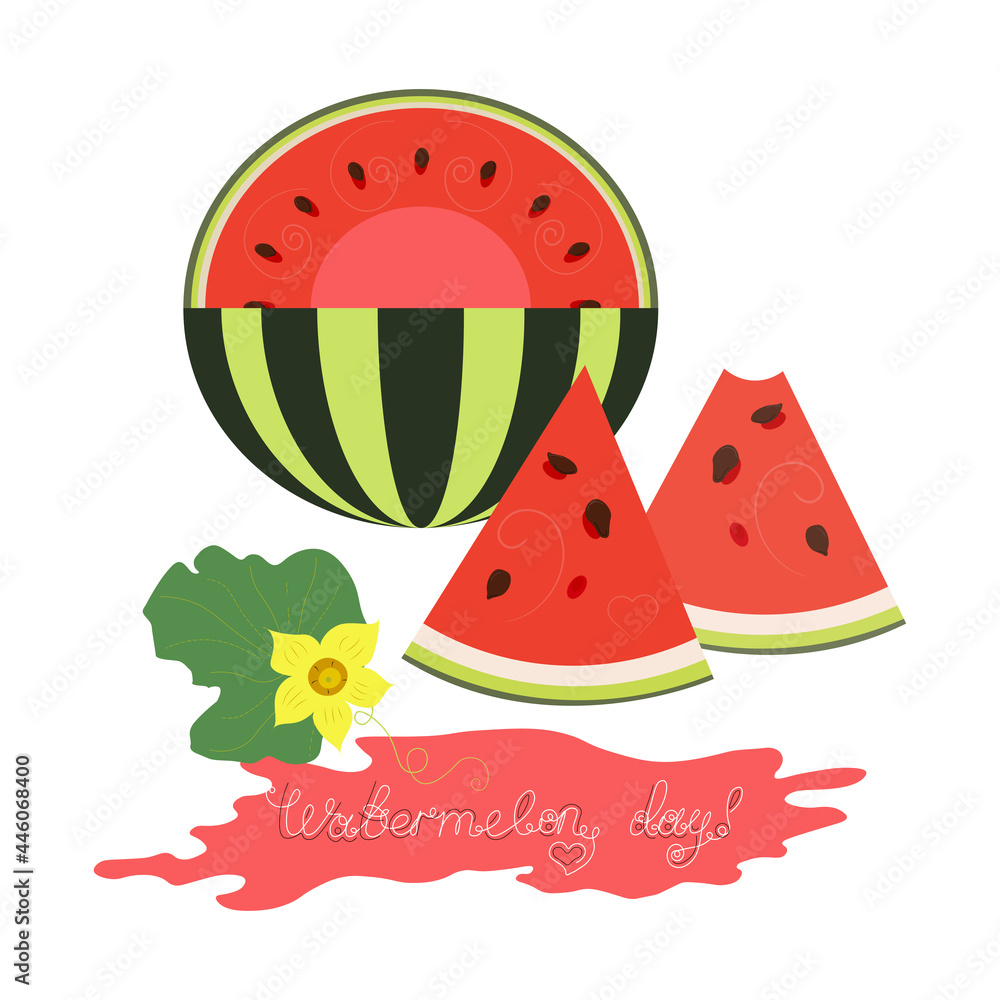 National Watermelon Day. Summer fruit mood with fresh ripe red sliced watermelon and slices. Yellow flower with a leaf. Flat drawing vector illustration. Design for packaging juices, stickers, po National Watermelon Day. Summer fruit mood with fresh ripe red sliced watermelon and slices. Yellow flower with a leaf. Flat drawing vector illustration. Design for packaging juices, stickers, po