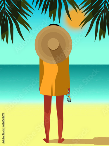 Digital illustration of a girl on summer vacation in a hat and jacket on the ocean beach among palm trees