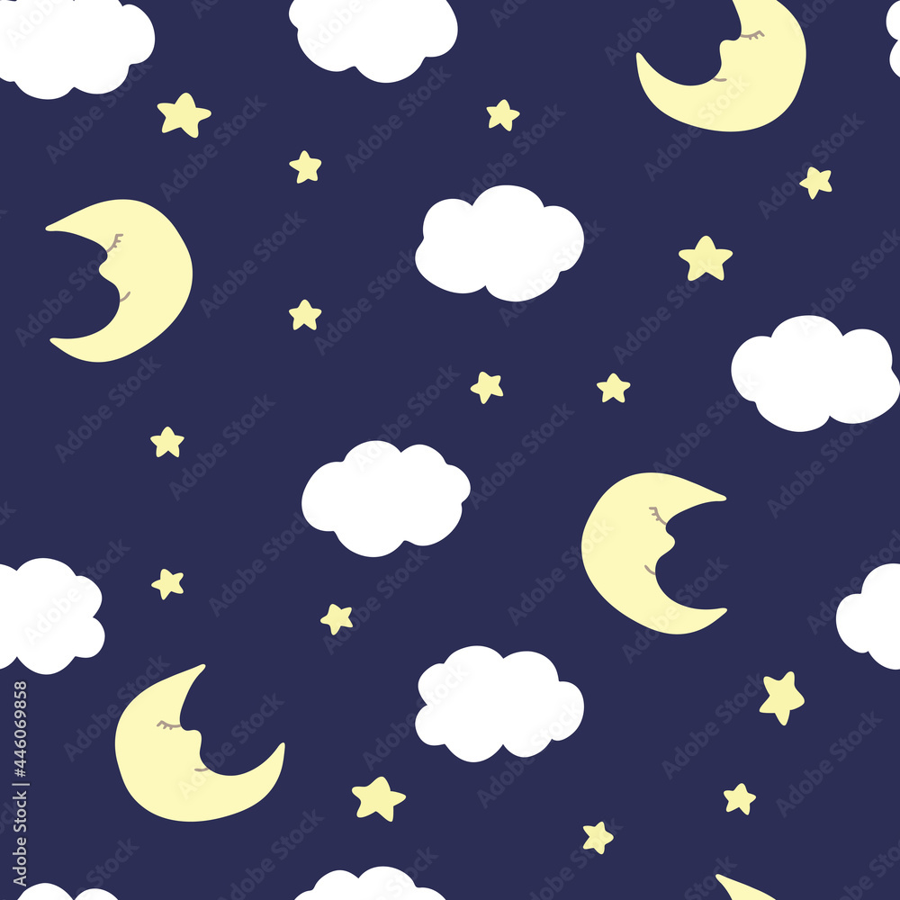 Vector seamless pattern with crescent, stars, and clouds on purple backdrop. For wallpapers, fabric, textile and linen, print clothes and pajamas, gift and wrapping paper, invitation to pajama party.