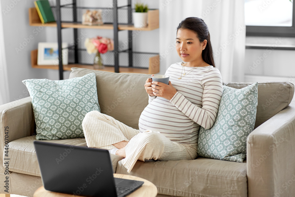 pregnancy, rest, people and expectation concept - pregnant asian woman with laptop computer sitting on sofa at home and drinking tea pregnancy, rest, people and expectation concept - pregnant asian woman with laptop computer sitting on sofa at home and drinking tea