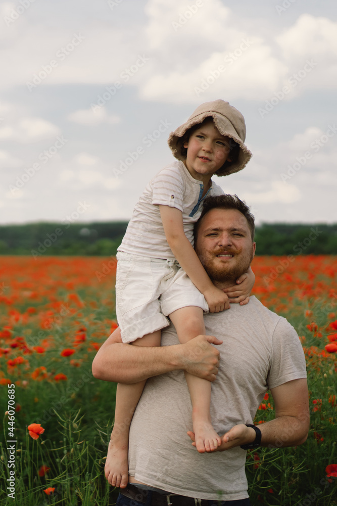 Happy father's day. Little boy and father are playing in a beautiful field of red poppies. Happy father's day. Little boy and father are playing in a beautiful field of red poppies.