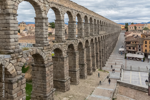View at the Plaza Azoguejo and Towering Roman aqueduct & grand landmark monument of Segovia, on Segovia downtown