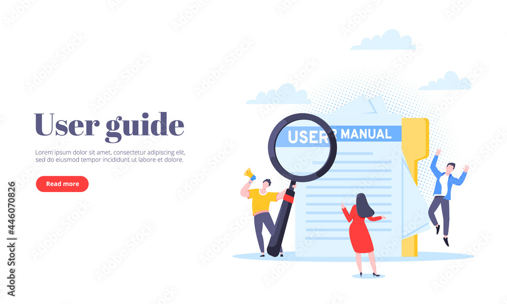 User manual guide book flat style design vector illustration. Tiny people and giant pencil working together with guide book. Specifications user guidance document.