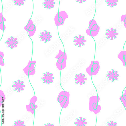 Seamless abstract pattern with pink flowers  and blue stripes. On a white isolated background. 