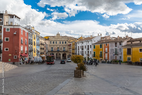 Amazing view at the Plaza Mayor on Cuenca downtown, with typical traditional colored architecture buildings © Miguel Almeida