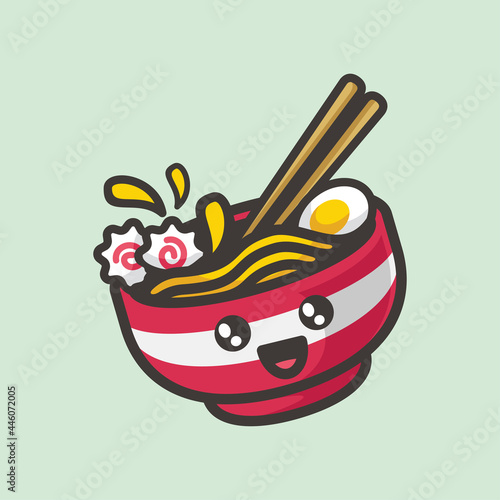 Ramen in the bowl cute charcter cartoon style line art illustration design vector