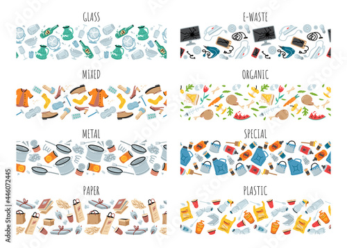 Set of 8 garbage seamless patterns with trash items. Vector texture. Rubbish seamless patterns. Trash backgrounds with crumpled paper, plastic bottle, old clothes, food, broken appliances